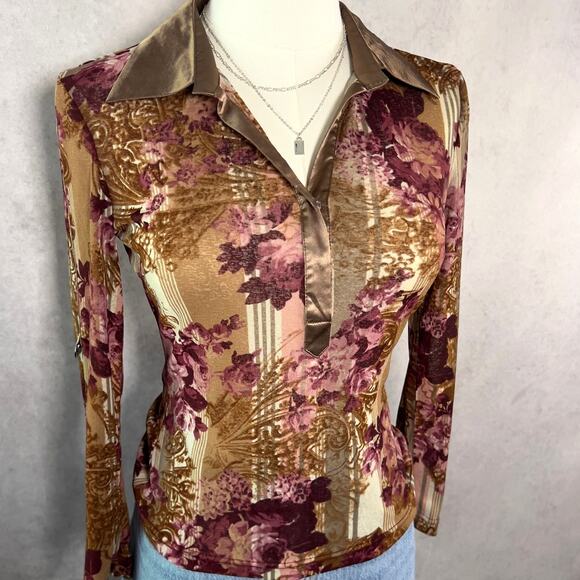 ludair Tops - Y2K Burgundy Floral Blouse Long Sleeve Top Size Small